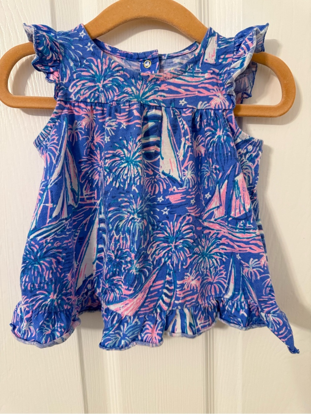 Lilly Pulitzer Blue Sailboat & Fireworks Ruffle Tank